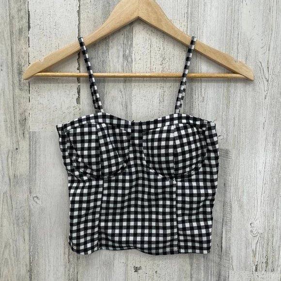 Vibe Sportswear Crop Top Womens Small Black White Gingham Print Padded Cups - Picture 1 of 4